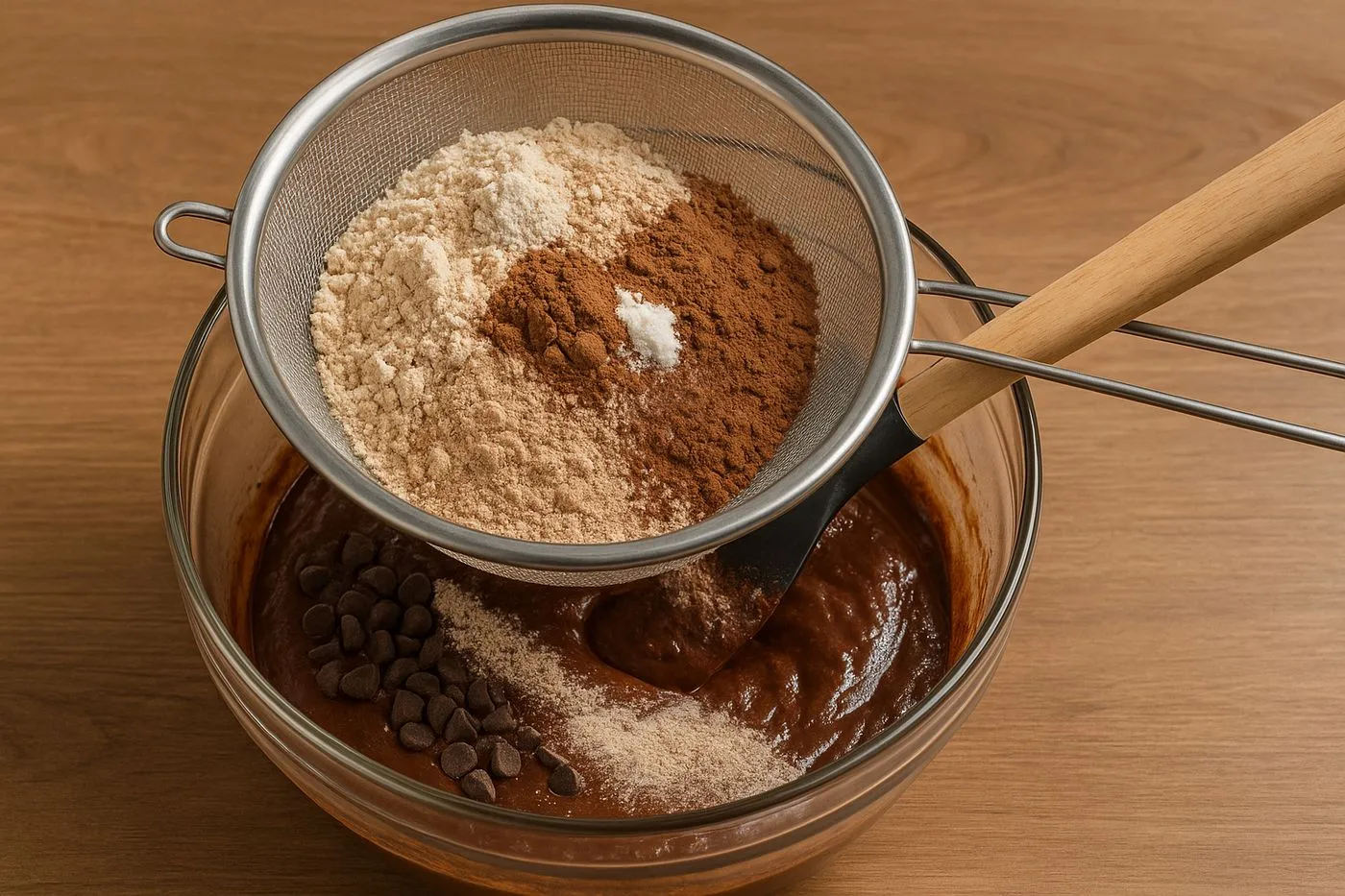 Incorporation délicate des ingrédients secs tamisés dans la pâte à brownie protéiné