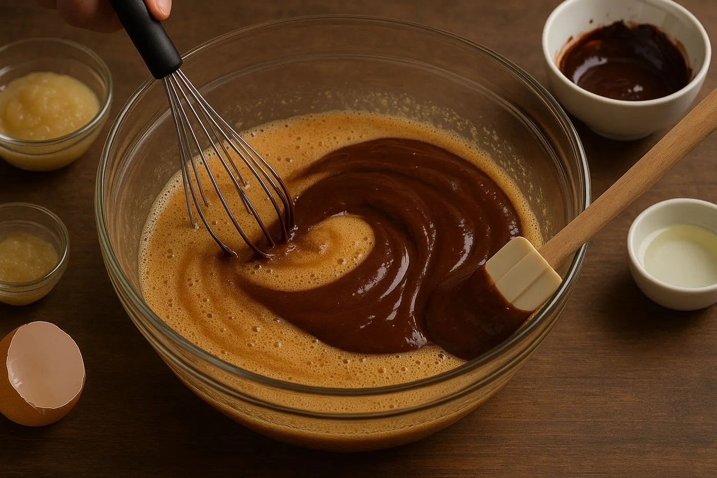 Mélange des ingrédients liquides pour la base fondante du brownie protéiné au chocolat noir