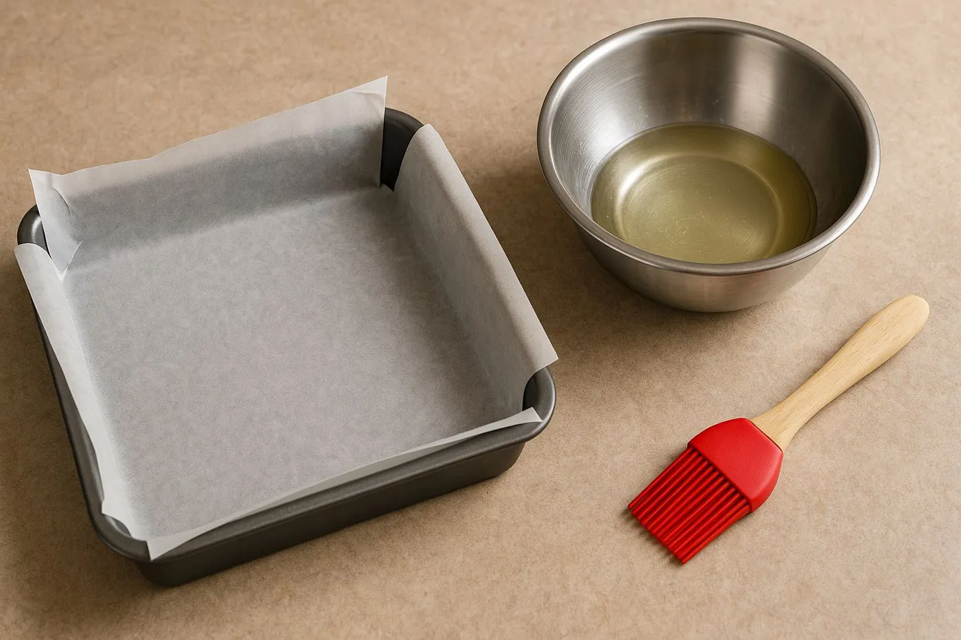 Préparation du matériel pour la recette de brownie protéiné fondant au chocolat noir : moule tapissé de papier cuisson