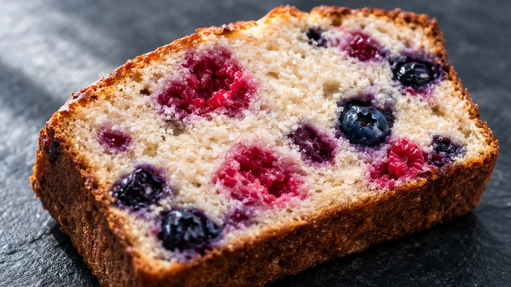Gros plan sur une tranche de cake protéiné aux fruits rouges révélant la mie dense et les éclats de framboises et myrtilles dans la pâte
