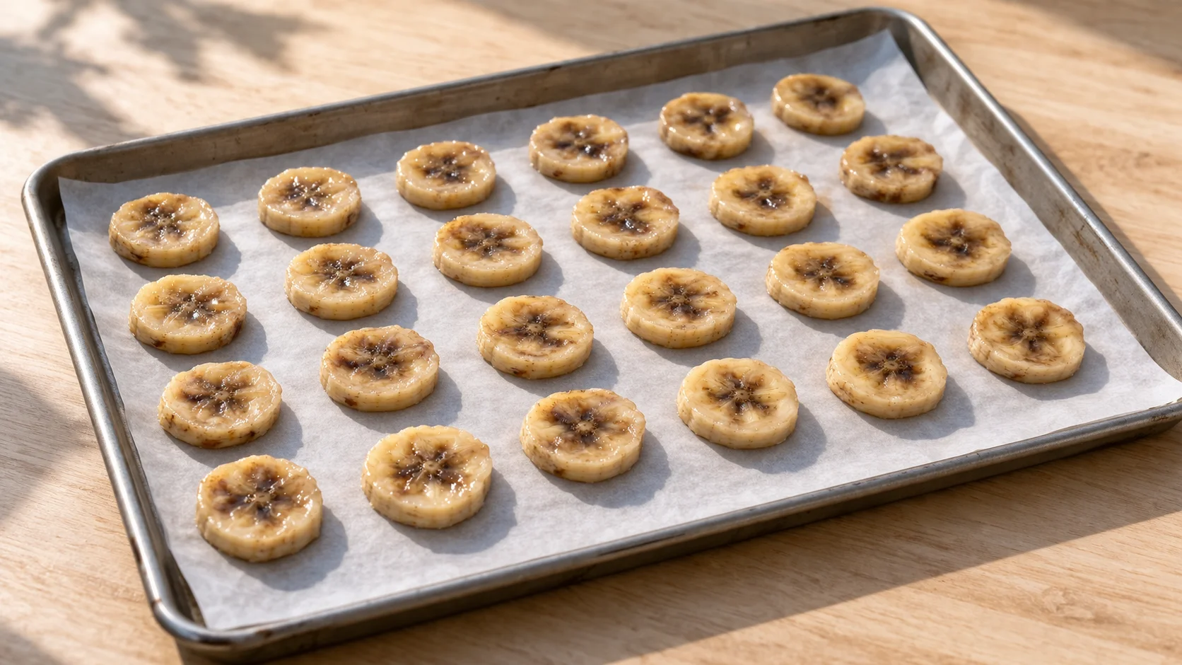 Rondelles de bananes très mûres étalées en une seule couche sur une plaque recouverte de papier cuisson, prêtes à être congelées