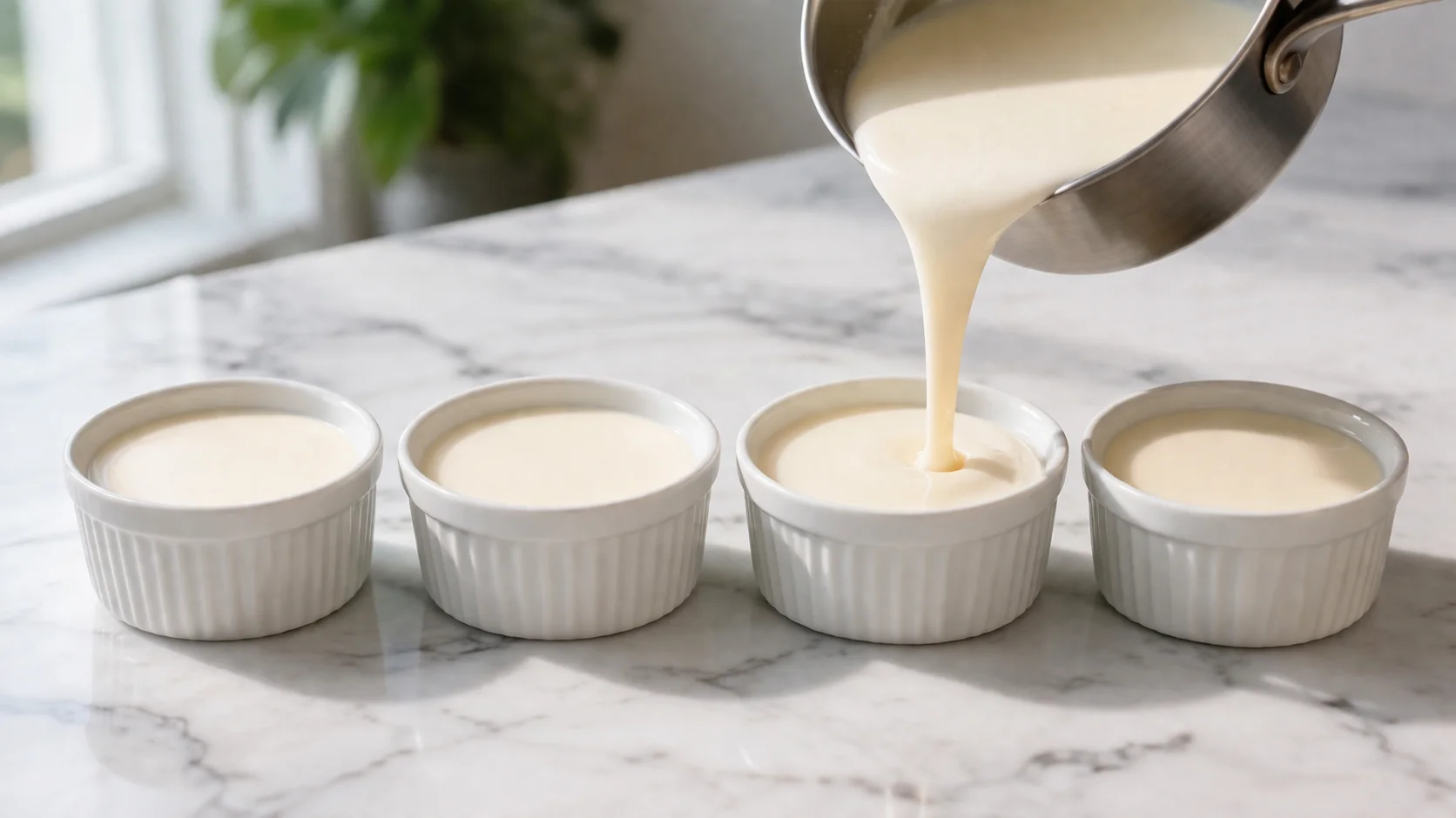 Appareil à panna cotta blanc et crémeux en train d'être versé depuis une casserole dans quatre ramequins blancs alignés sur plan de travail en marbre blanc, texture lisse visible