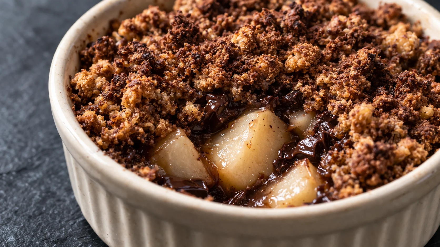 Gros plan sur une portion de crumble poires-chocolat dans un ramequin en céramique, fruits fondants et miettes croustillantes bien visibles sur fond ardoise