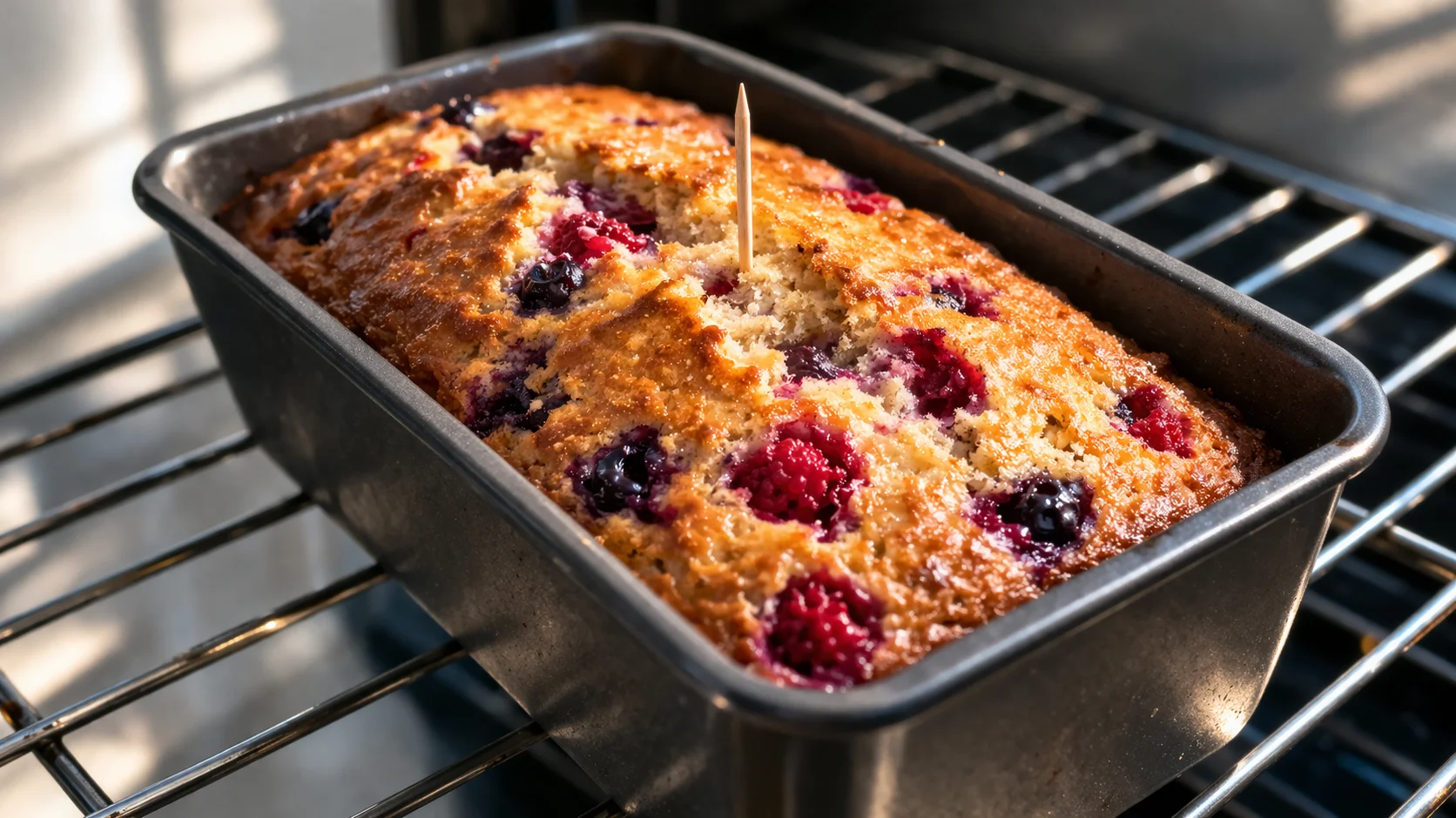 Cake protéiné aux fruits rouges dans son moule, sorti du four, surface dorée et légèrement craquelée, cure-dent planté au centre