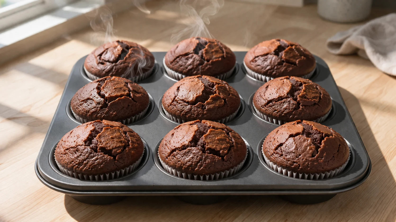 Moule à muffins avec neuf caissettes de cupcakes chocolatés gonflés et dorés sortant du four, surface légèrement craquelée caractéristique, vapeur légère visible, plan de travail en bois clair