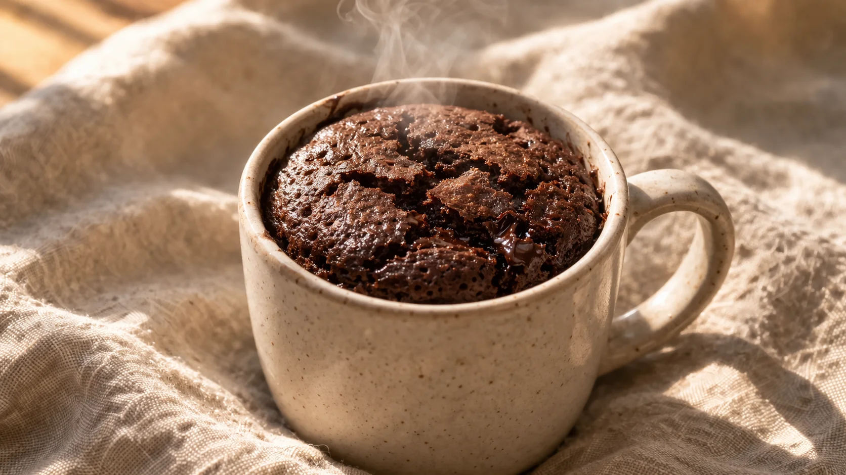 Mug cake chocolat à la sortie du micro-ondes, dessus légèrement gonflé et craquelé, vapeur visible, posé sur tissu lin beige