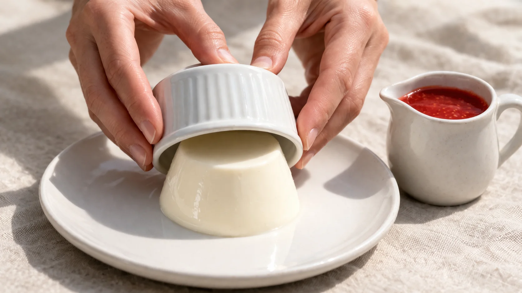 Deux mains retournant d'un geste décidé un ramequin sur une assiette blanche, panna cotta crémeuse en train de se démouler, coulis de fraises rouge vif à côté prêt à être versé, fond lin beige