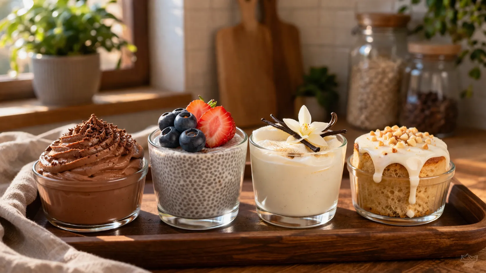 Sélection de desserts hyperprotéinés dans de petits ramequins et verrines sur un plateau en bois : mousse, chia pudding, gâteau et crème dessert