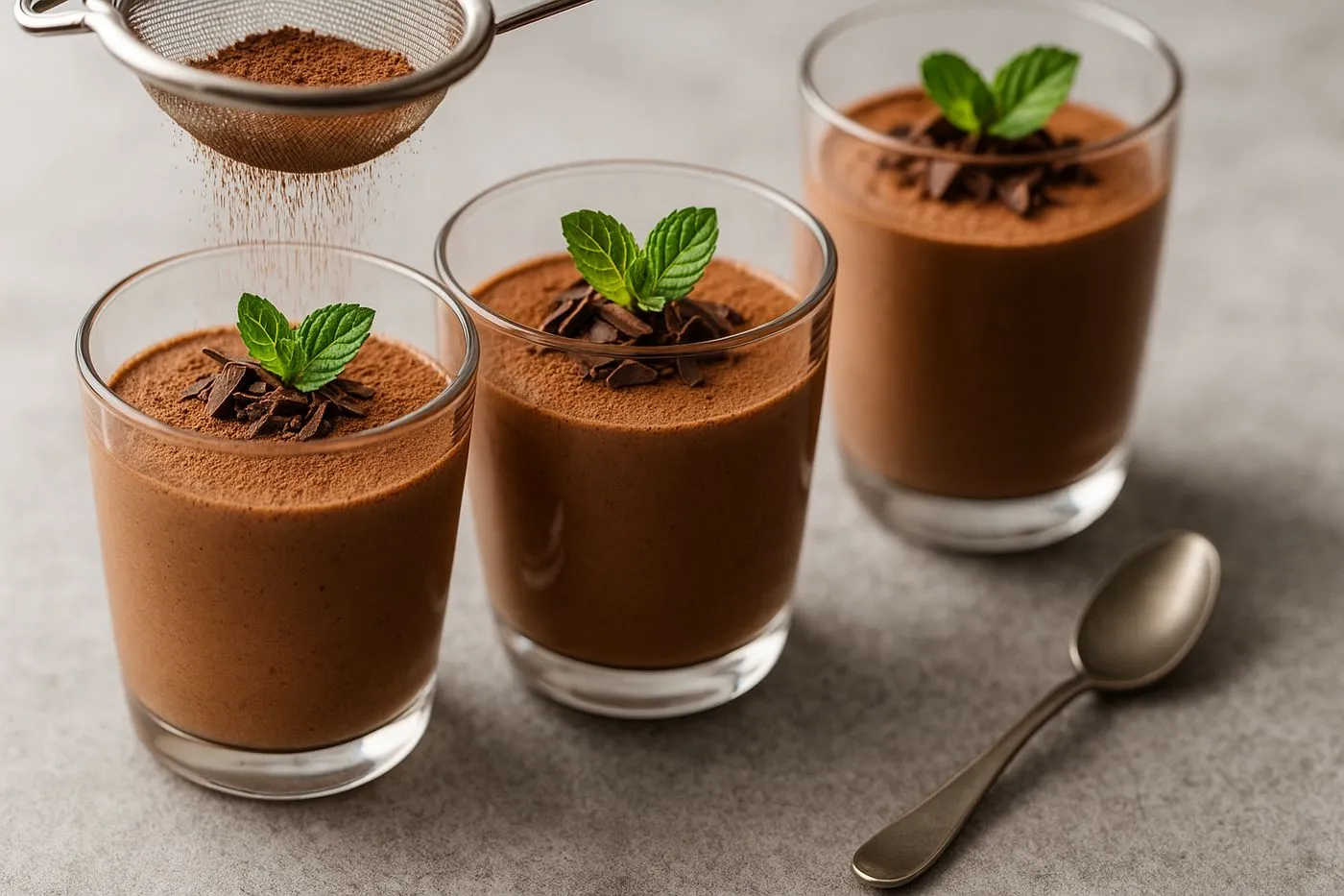 Mousse au chocolat protéinée ultra légère servie en verrine avec cacao, copeaux de chocolat et menthe