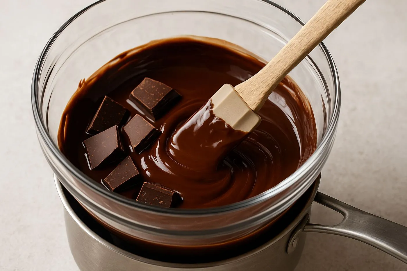 Chocolat noir qui fond doucement au bain-marie pour préparer la mousse au chocolat protéinée ultra légère