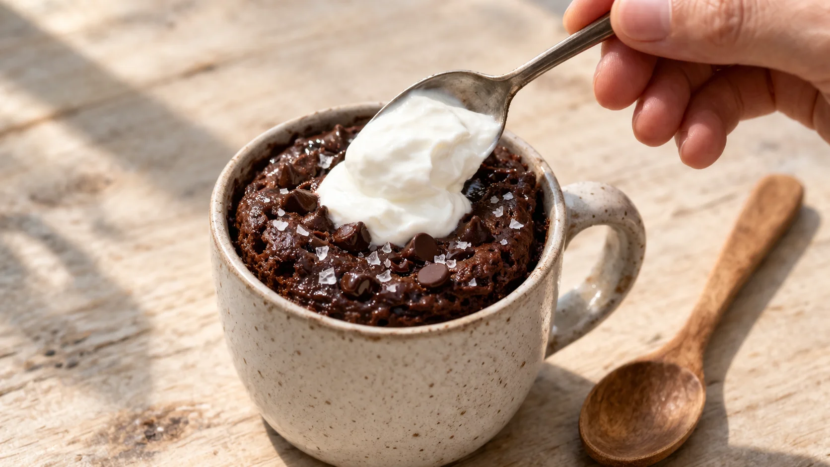 Mug cake chocolat protéiné garni d'une cuillère de yaourt grec et de pépites de chocolat, cuillère plantée dedans, fond bois clair
