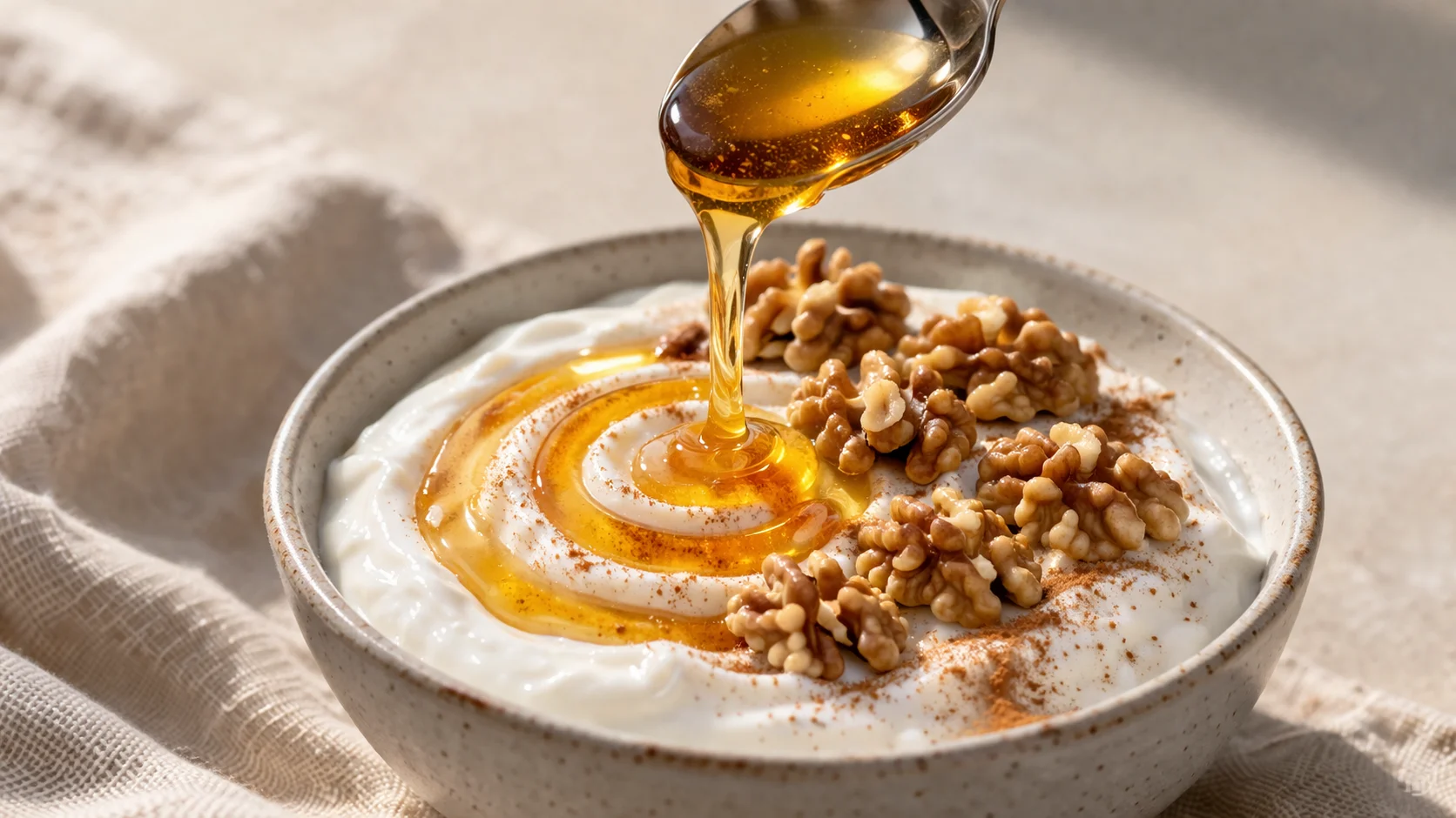 Filet de miel doré coulant d'une cuillère sur un bol de yaourt grec blanc, cerneaux de noix disposés harmonieusement, fond lin beige, lumière naturelle