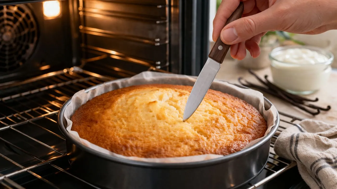 Cuisson du gâteau au yaourt grec et vanille au four jusqu'à obtention d'une surface dorée