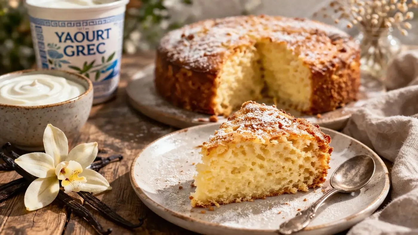 Tranche de gâteau au yaourt grec et vanille avec mie moelleuse et légère