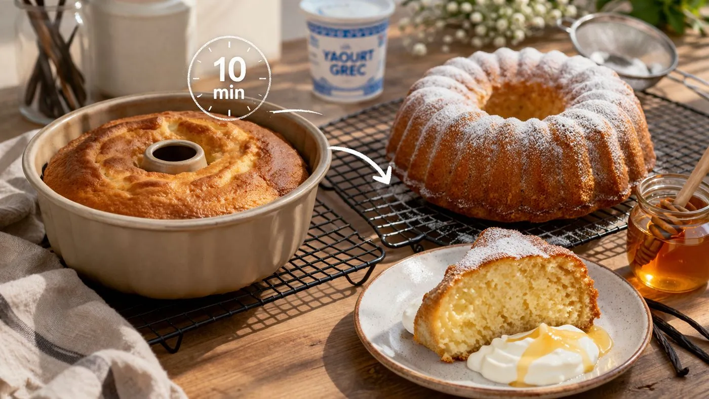 Gâteau au yaourt grec et vanille démoulé, refroidi et saupoudré de sucre glace avant service