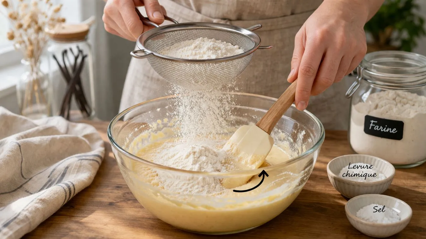 Incorporation délicate de la farine et de la levure dans la pâte du gâteau au yaourt grec et vanille