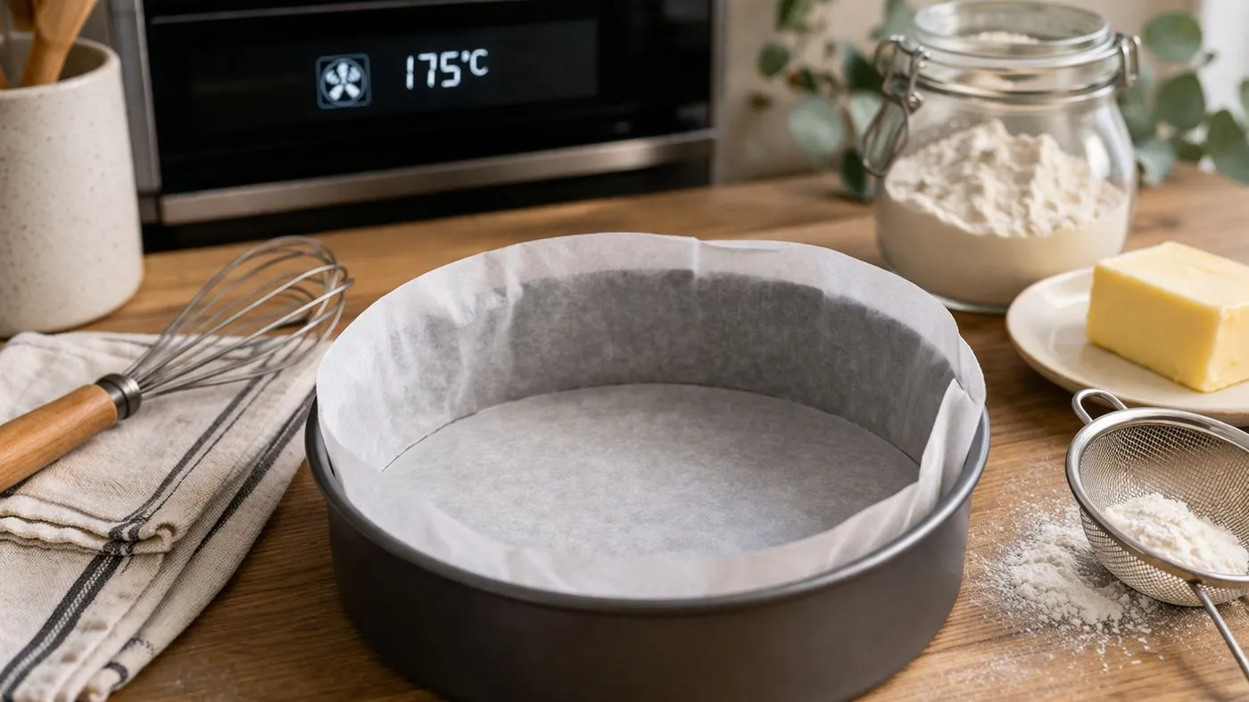 Moule rond préparé et chemisé de papier cuisson pour la recette du gâteau au yaourt grec et vanille