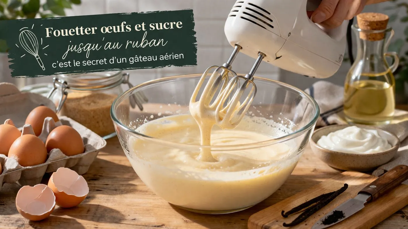 Préparation de la pâte du gâteau au yaourt grec et vanille avec œufs, sucre, vanille et yaourt grec