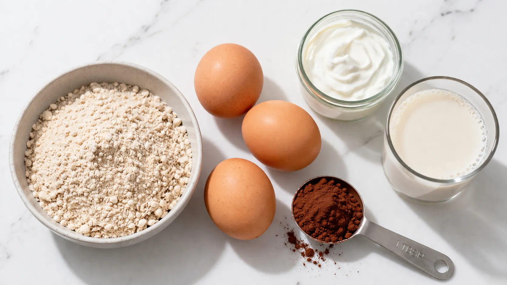 Plan de travail avec les ingrédients pour un gâteau protéiné : bol de farine d'avoine, oeufs, cacao en poudre, lait et yaourt grec sur une surface blanche