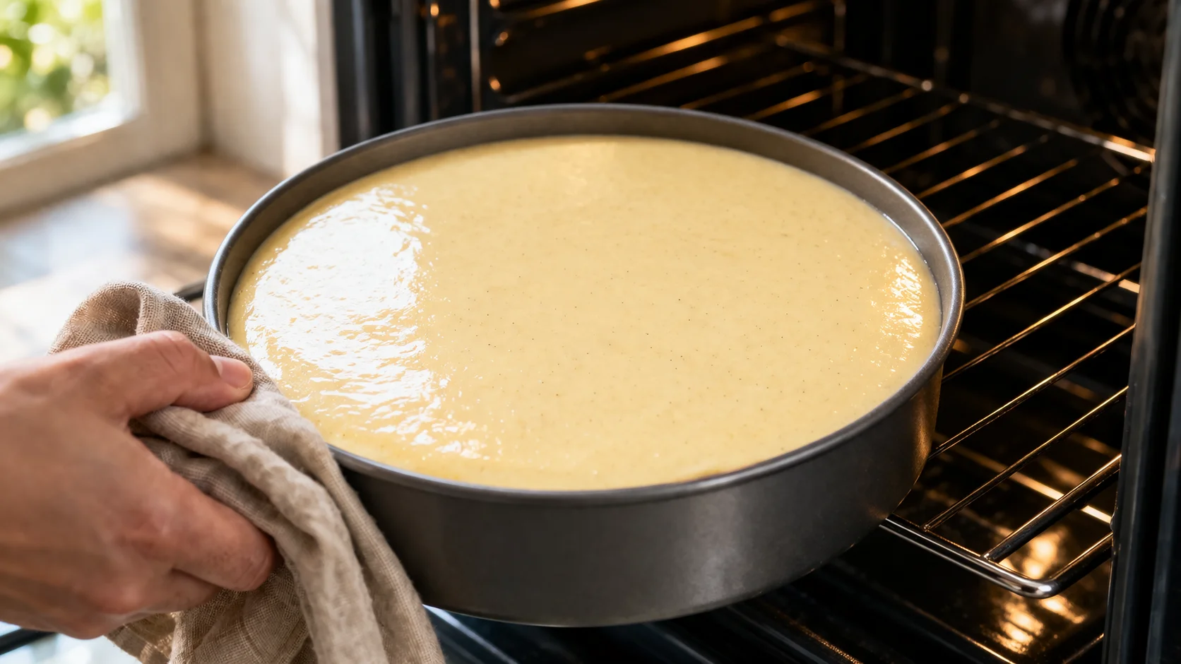Gros plan sur une part de gâteau de semoule vanillé coupée nette révélant une texture crémeuse et fondante avec grains de vanille, fond ardoise sombre