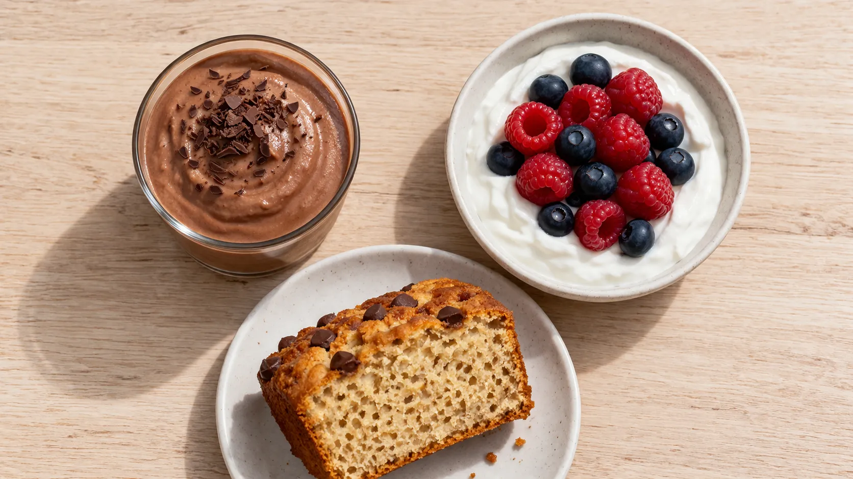 Assortiment de desserts protéinés maison sur une table en bois clair : mousse au chocolat, gâteau au yaourt et bol de skyr aux fruits rouges