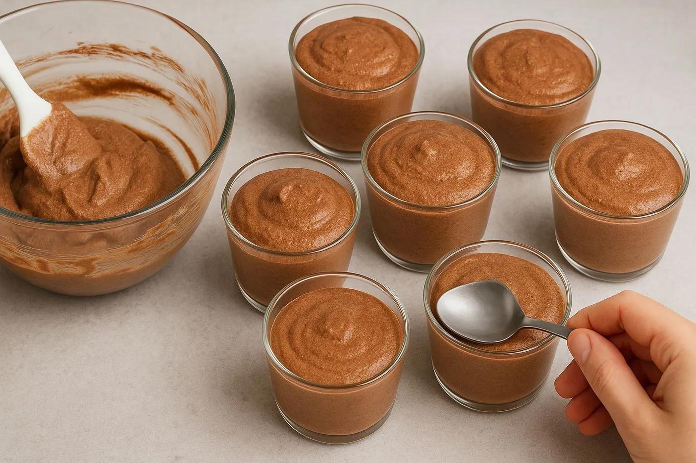 Incorporation délicate des blancs en neige dans la préparation chocolatée avant mise au frais