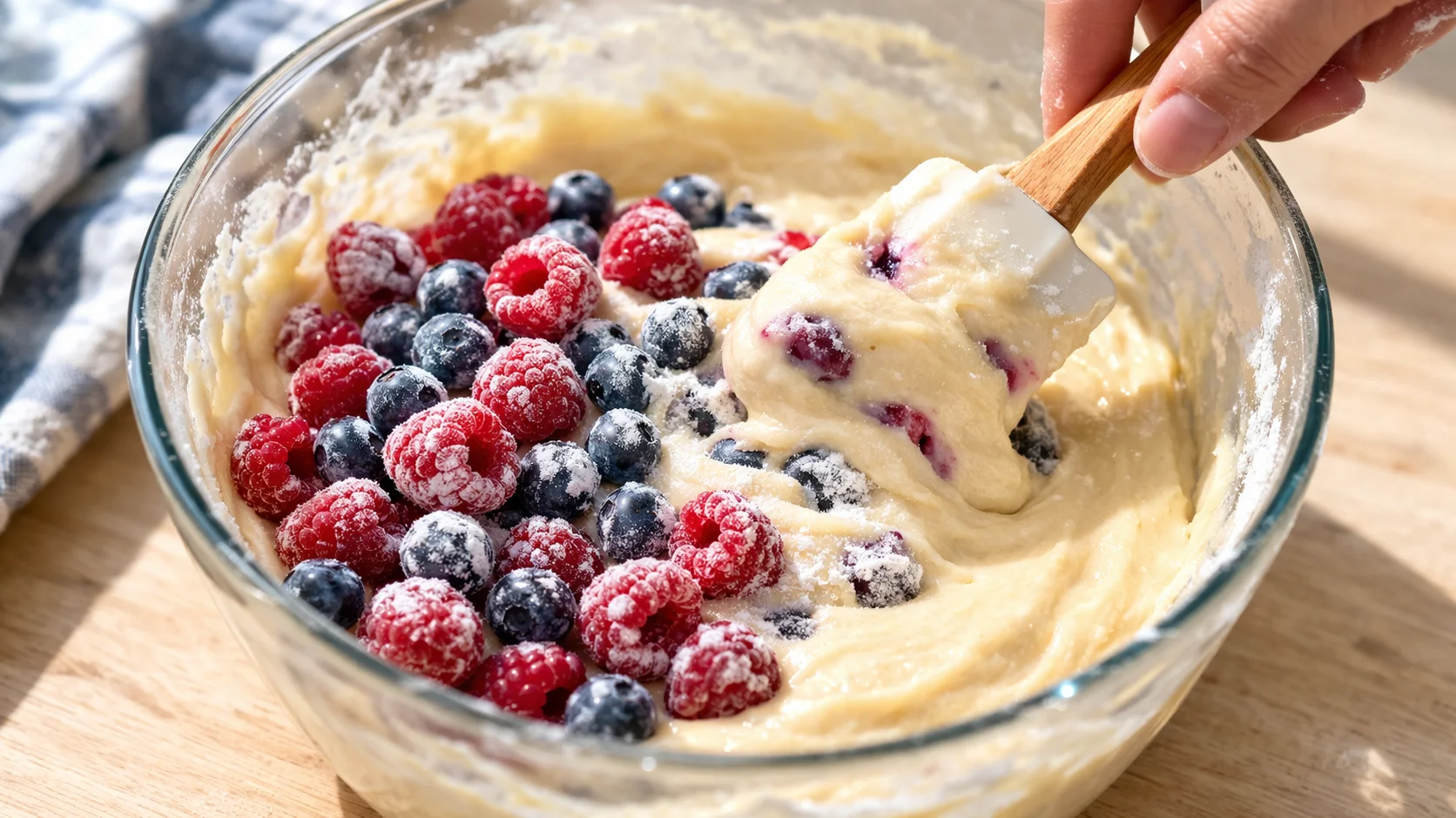Main incorporant délicatement des fruits rouges enrobés de fécule dans la pâte à cake protéiné avec une spatule, couleurs vives des fruits visibles
