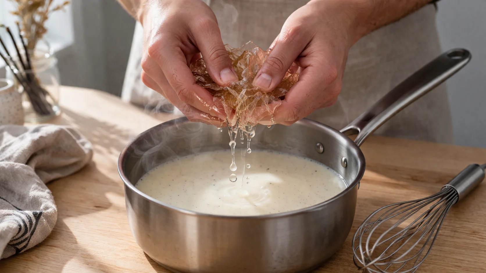 Deux mains essorant des feuilles de gélatine ramollies au-dessus d'une casserole de lait vanillé chaud, fouet posé à côté, vapeur légère visible, plan de travail en bois clair