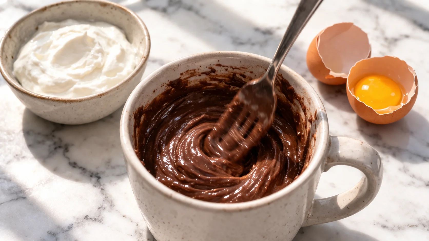 Fourchette mélangeant la pâte à mug cake chocolat dans un mug, texture lisse et brillante visible, fond marbre blanc