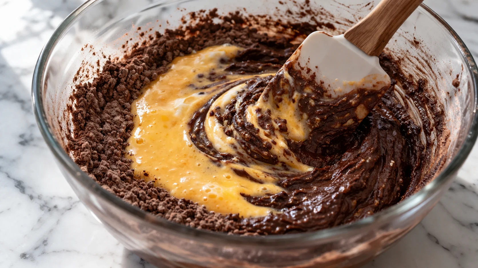 Spatule incorporant le mélange humide yaourt-oeufs dans les ingrédients secs chocolatés, pâte brun foncé et homogène en formation dans le saladier, plan de travail en marbre blanc
