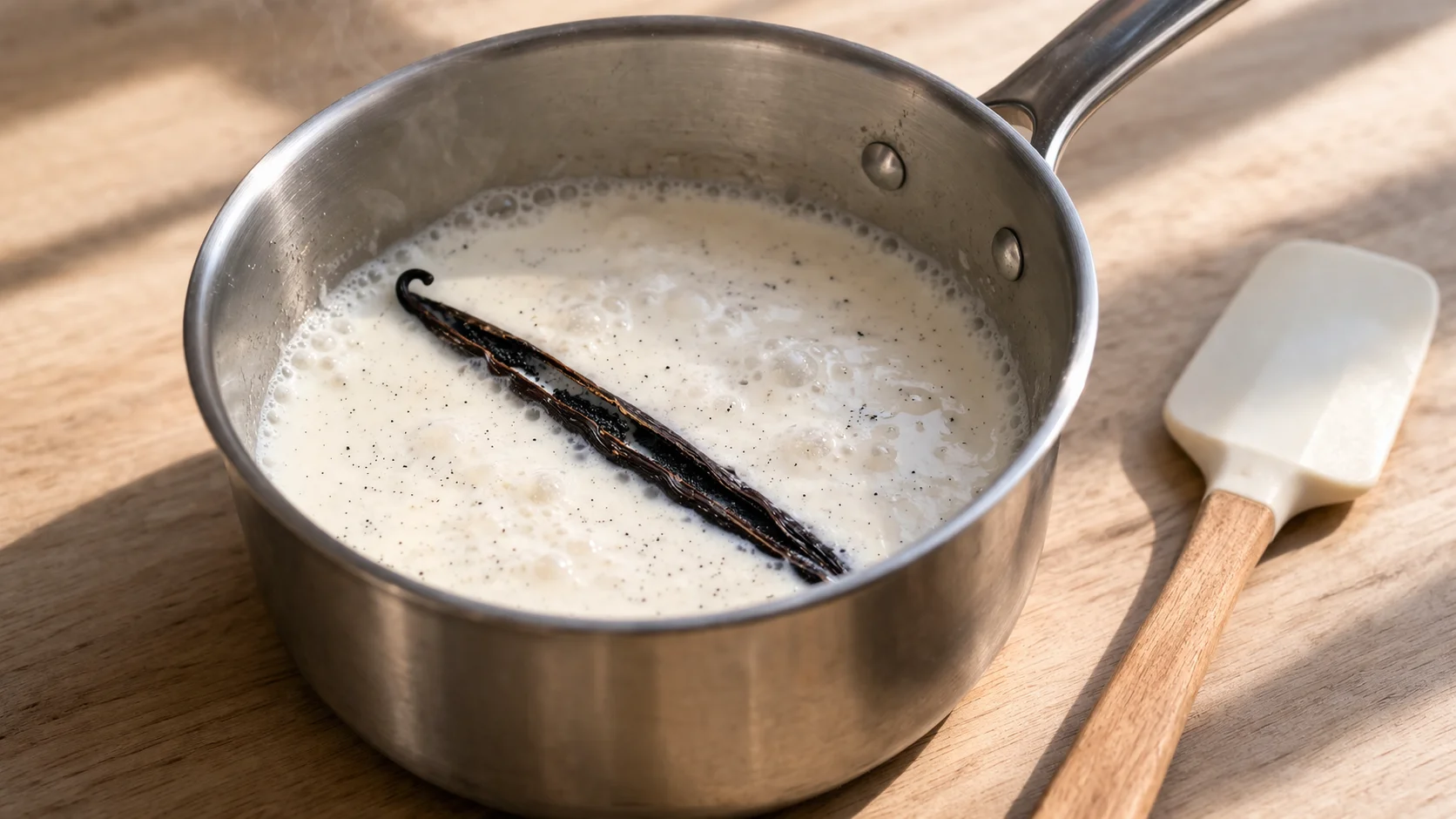 Spatule incorporant un oeuf dans la semoule vanillée tiédie dans la casserole, appareil crémeux et homogène en formation, plan de travail en bois clair