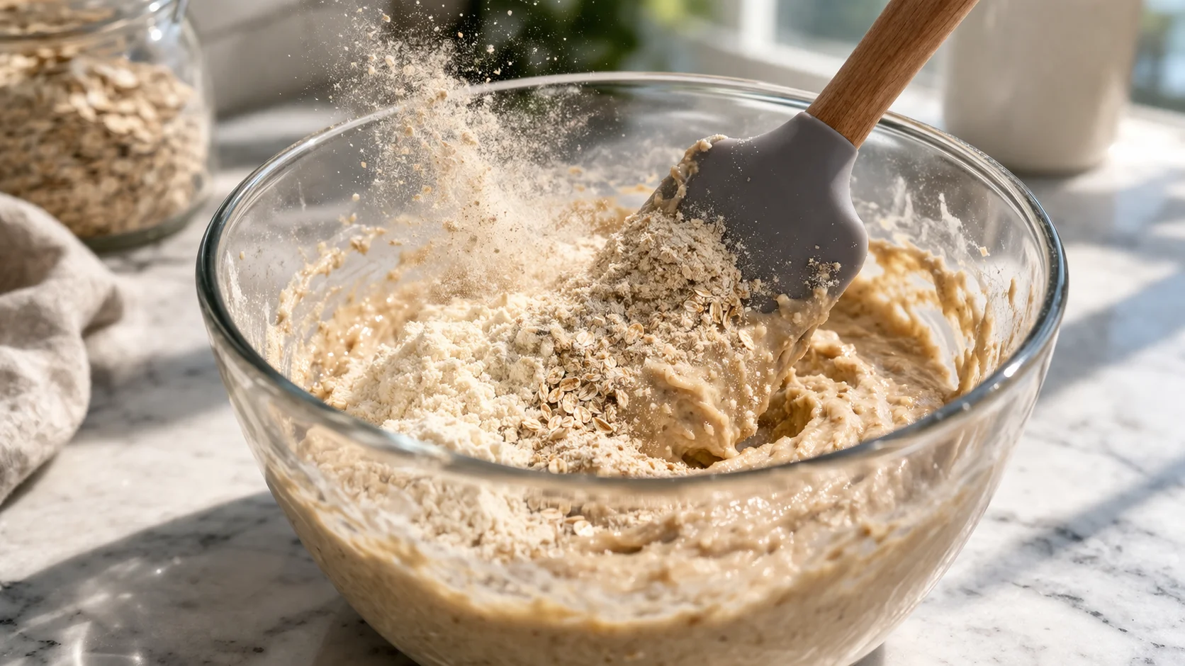 Spatule en silicone incorporant la farine d'avoine et la whey dans la pâte liquide dans un saladier en verre, texture épaisse visible