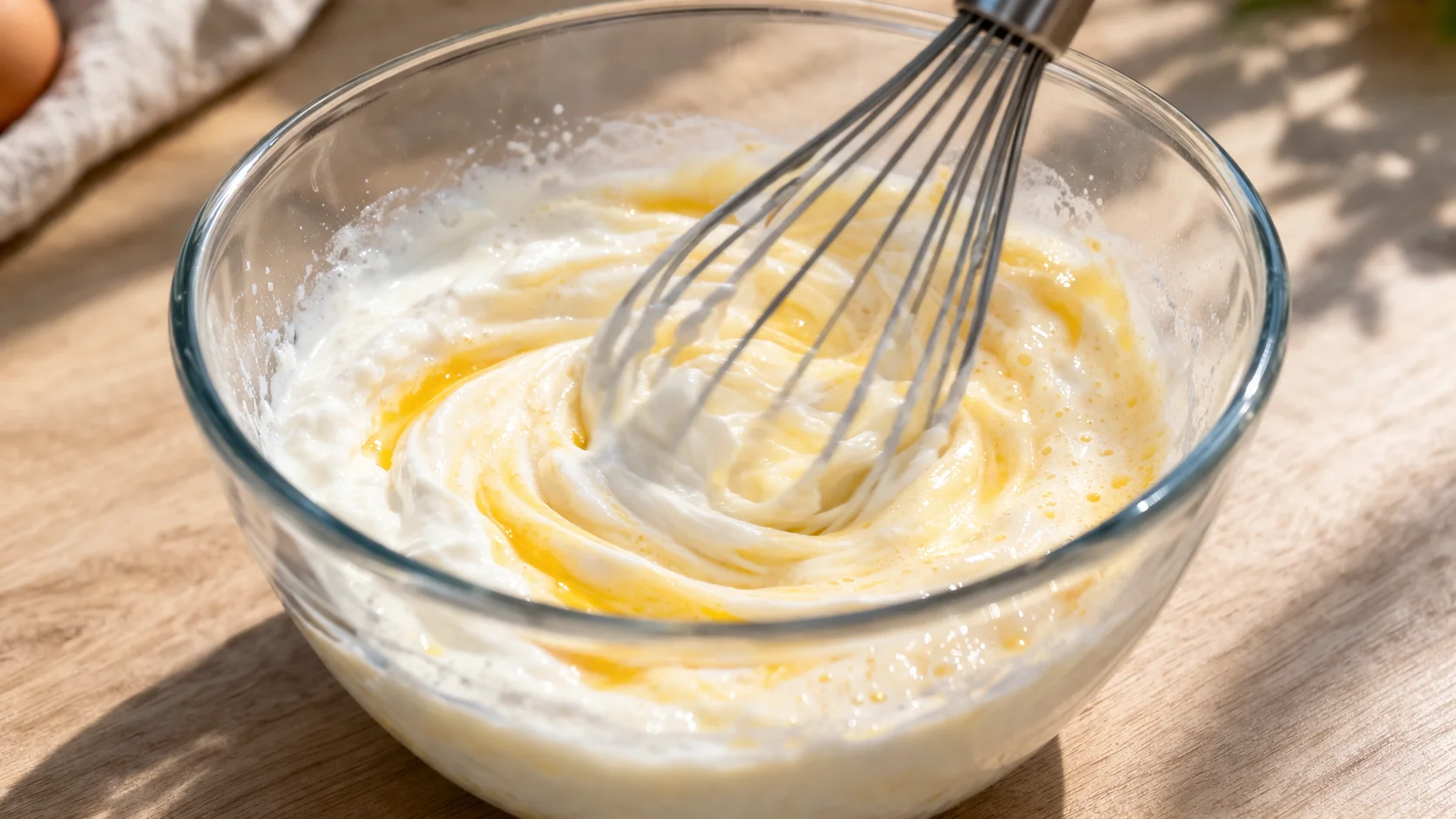 Fouet dans un saladier en verre contenant du fromage blanc et des œufs en cours de mélange, plan de travail en bois clair