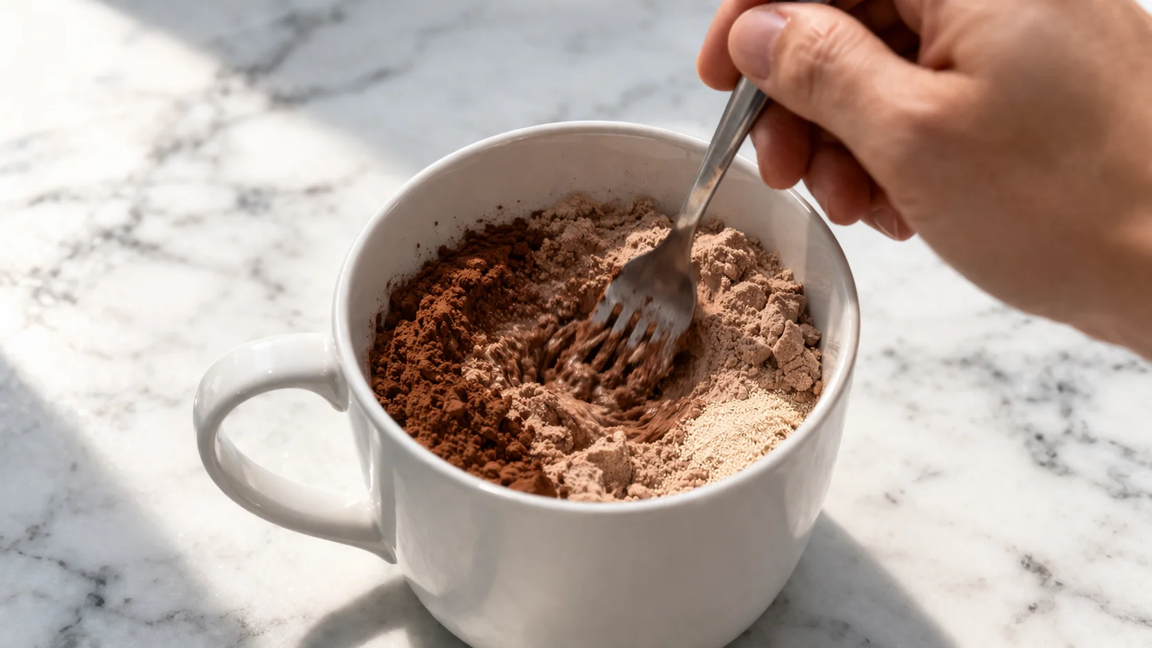 Mug avec poudre de cacao, whey et levure chimique mélangés à la fourchette, sur fond de plan de travail en marbre blanc