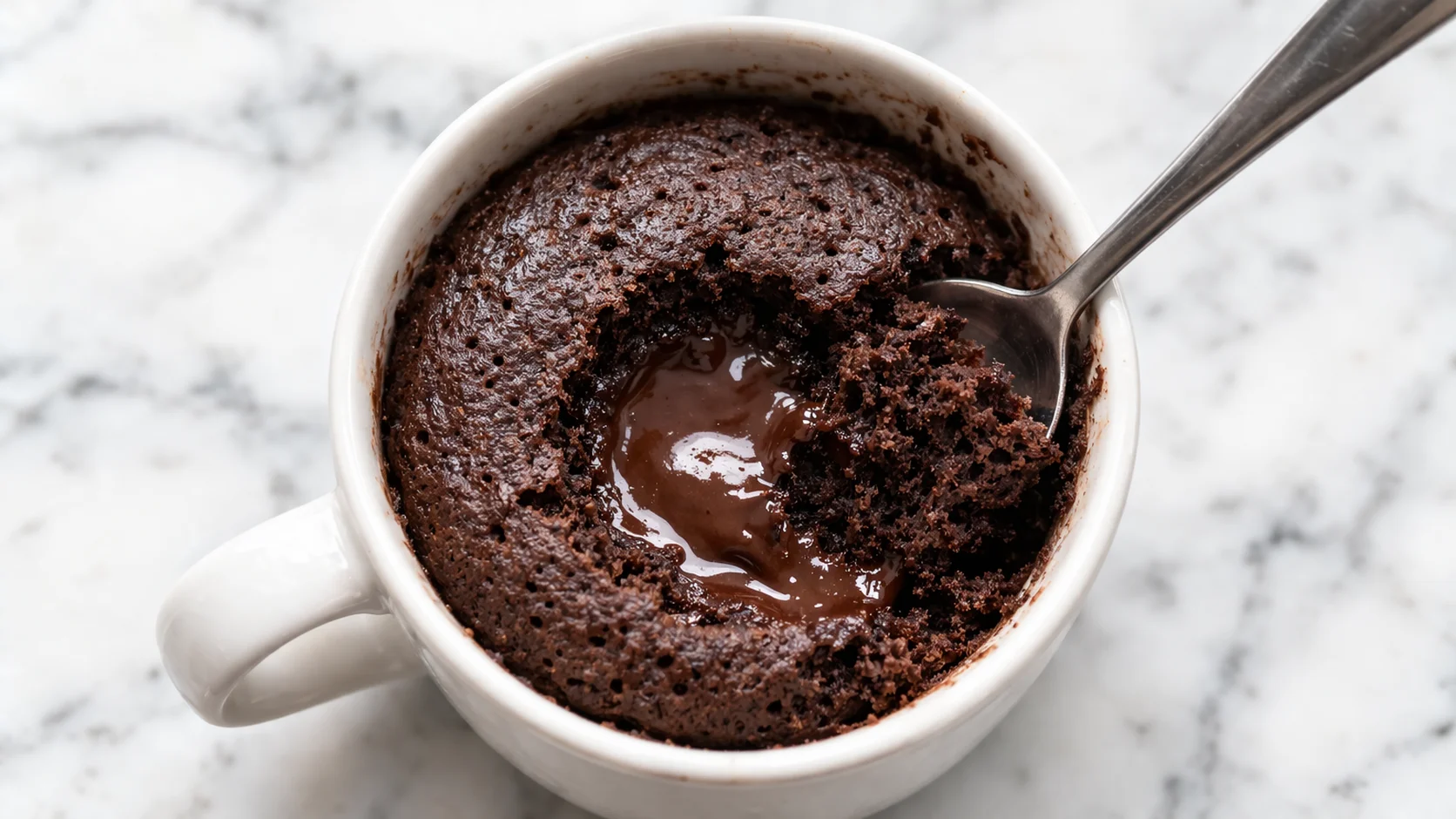 Gros plan sur un mug cake chocolat protéiné fondant prêt à déguster à la cuillère