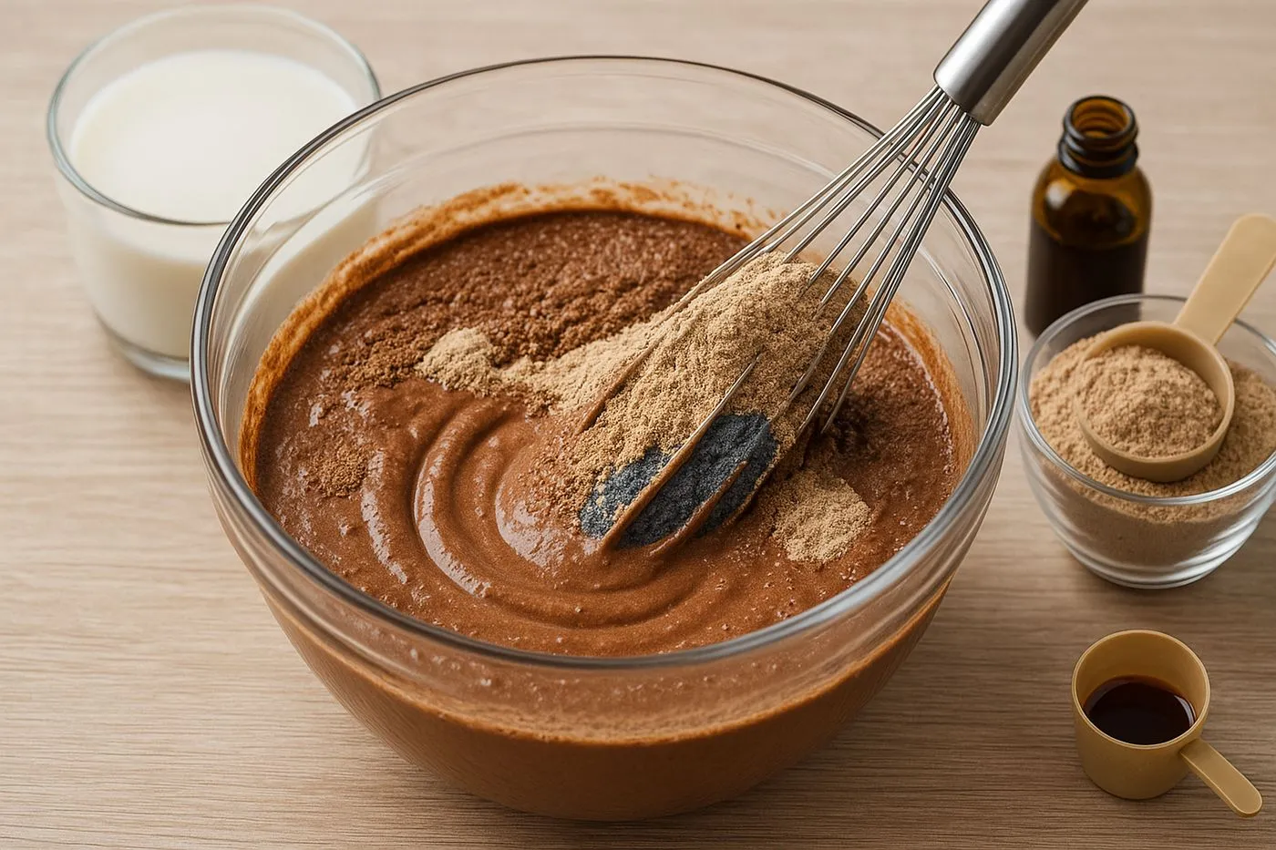 Préparation de la base chocolatée protéinée avec chocolat fondu, protéine en poudre et vanille