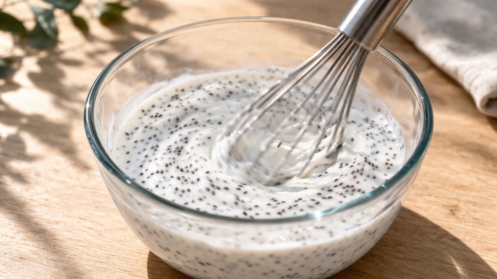 Fouet mélangeant les graines de chia, le lait végétal et le yaourt grec dans un saladier en verre sur plan de travail en bois clair, texture laiteuse visible