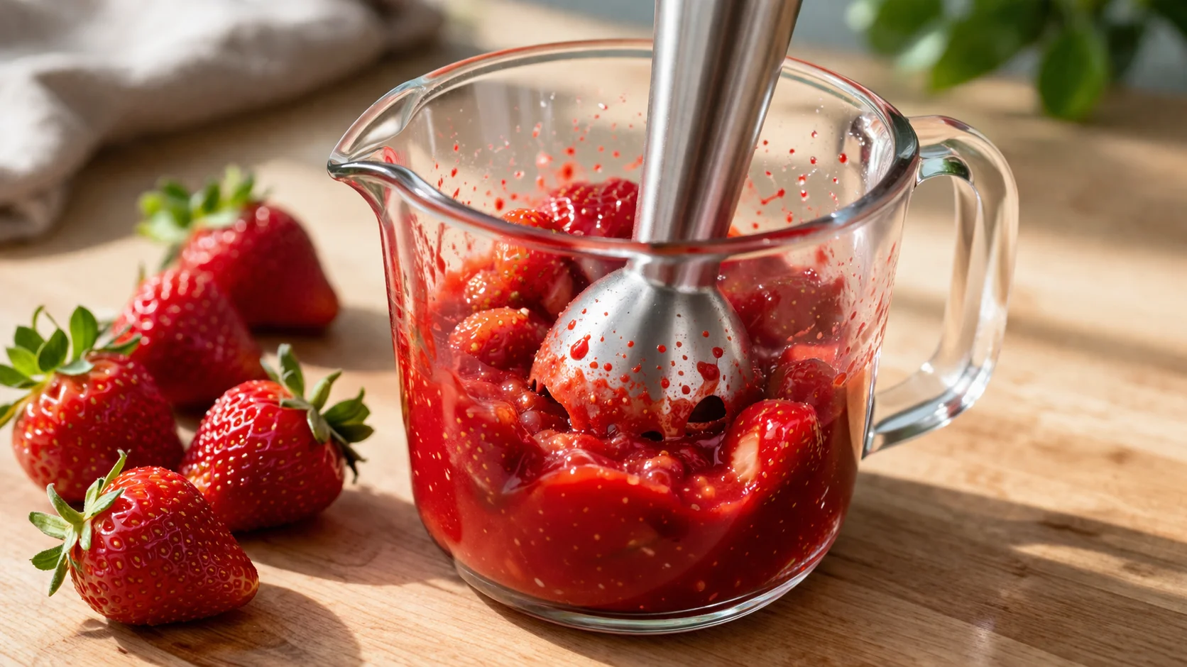 Mixeur plongeant mixant des fraises fraîches rouges dans un verre doseur, coulis rouge vif et brillant en formation, fraises entières disposées à côté, plan de travail en bois clair