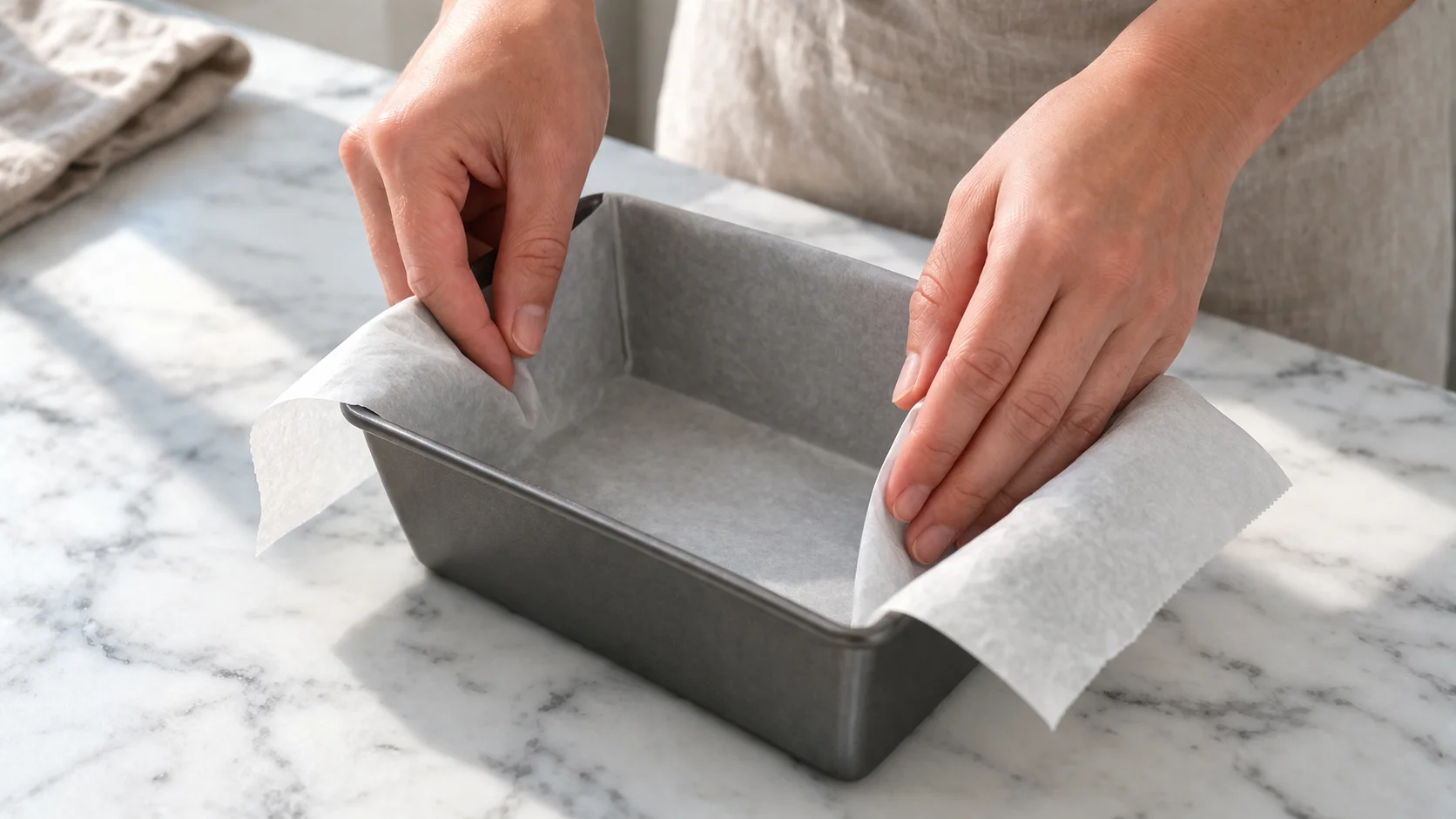 Moule à cake en métal chemisé de papier cuisson sur un plan de travail en marbre blanc, prêt à accueillir la pâte
