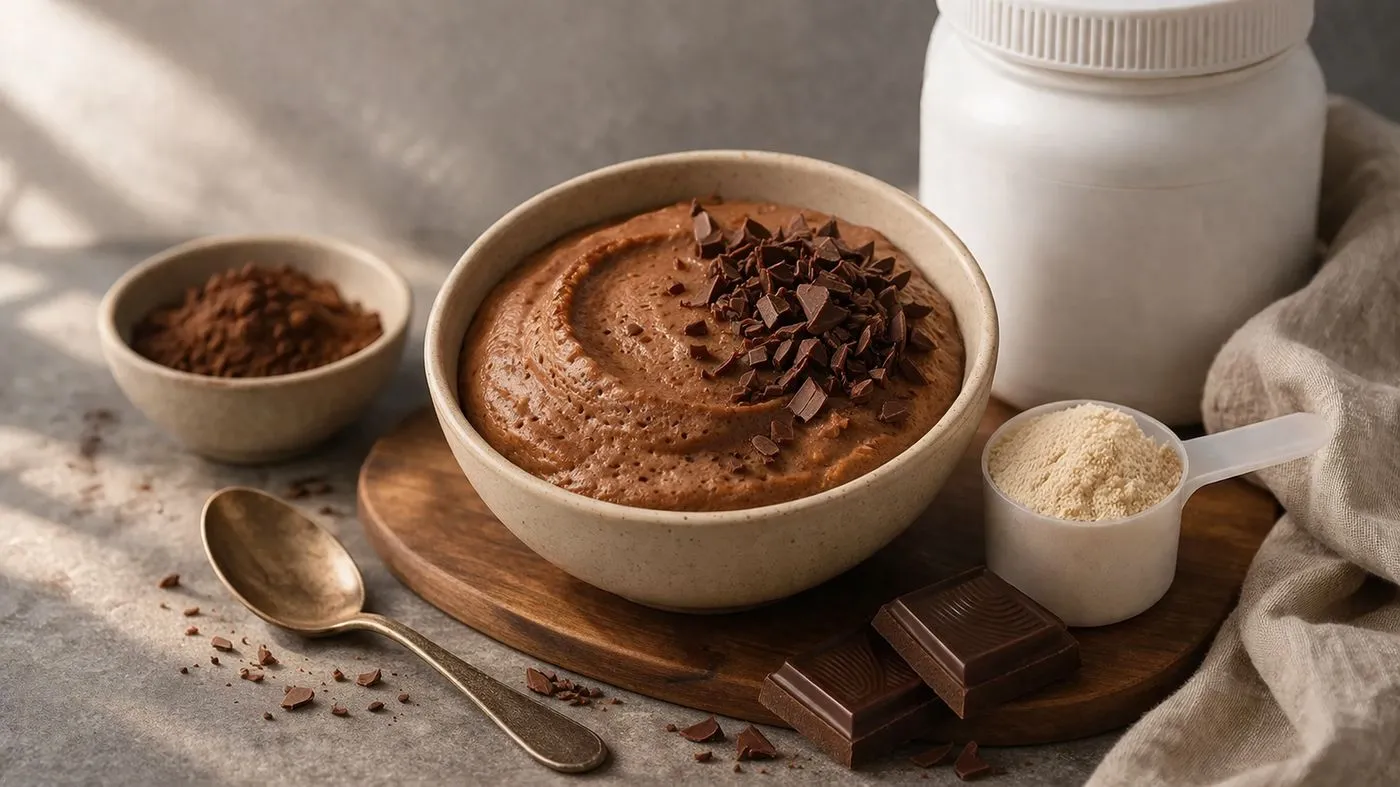 Vue rapprochée d'une mousse au chocolat protéinée légère et aérée