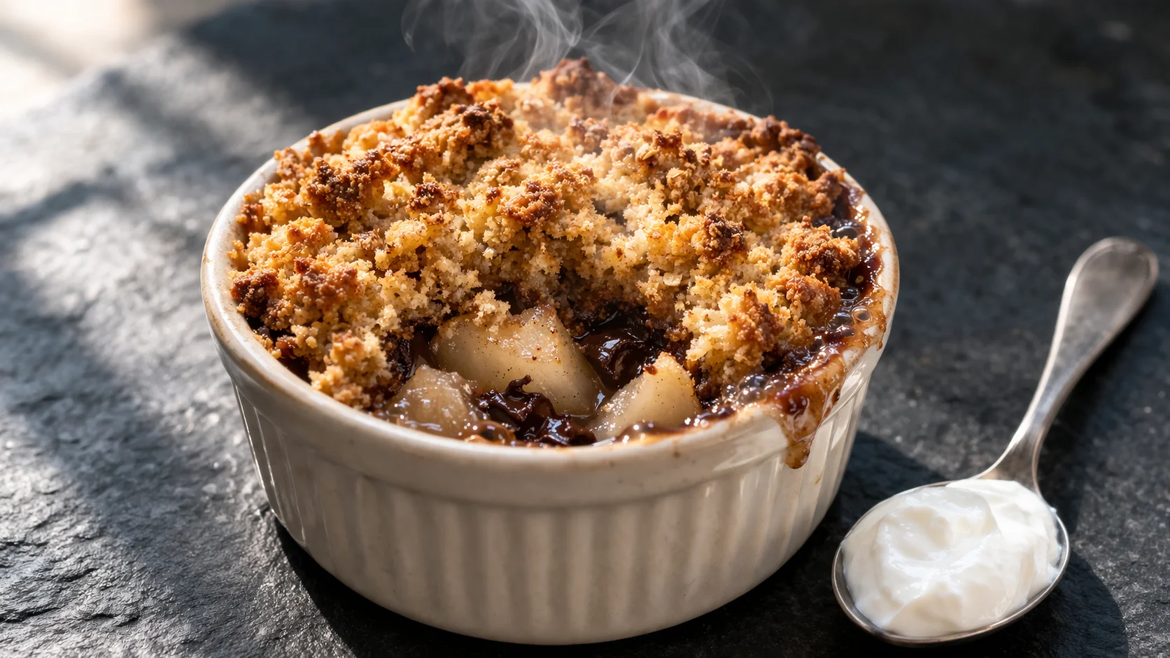 Portion de crumble poires-chocolat servie dans un ramequin en céramique sur fond ardoise, croûte dorée au cacao croustillante et jus de poire bouillonnant sur les bords