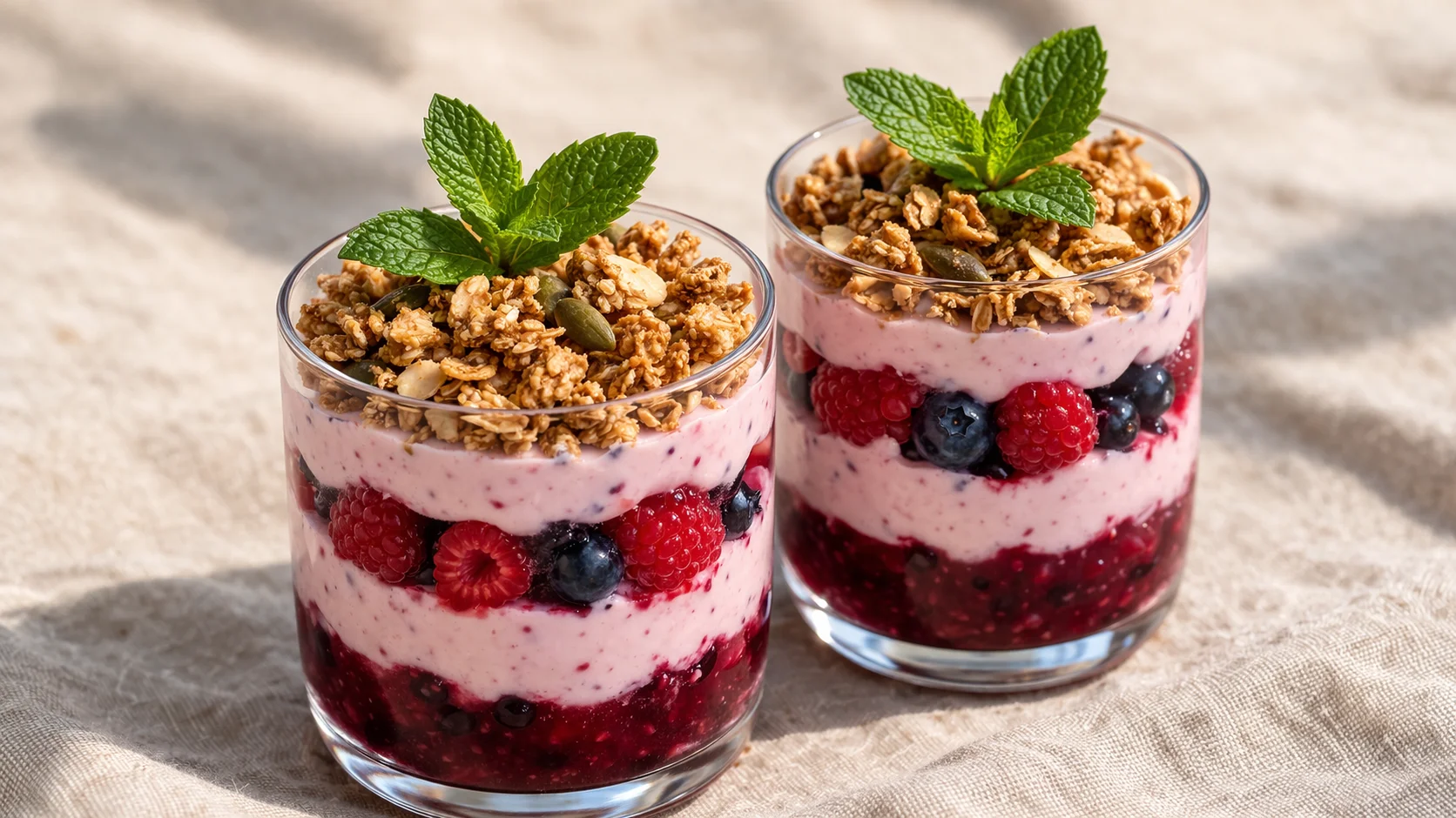 Deux verrines de parfait protéiné fruits rouges finies avec couches de granola doré, crème blanche et fruits rouges colorés, feuilles de menthe en décoration, fond lin beige, lumière naturelle