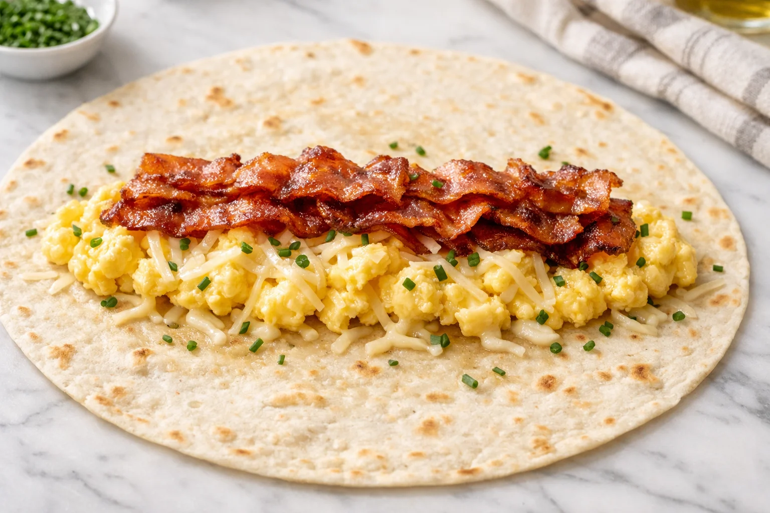 Tortilla complète à plat avec œufs brouillés crémeux et bacon croustillant disposés en ligne au centre, fromage râpé en train de fondre, ciboulette verte ciselée, plan de travail en marbre blanc