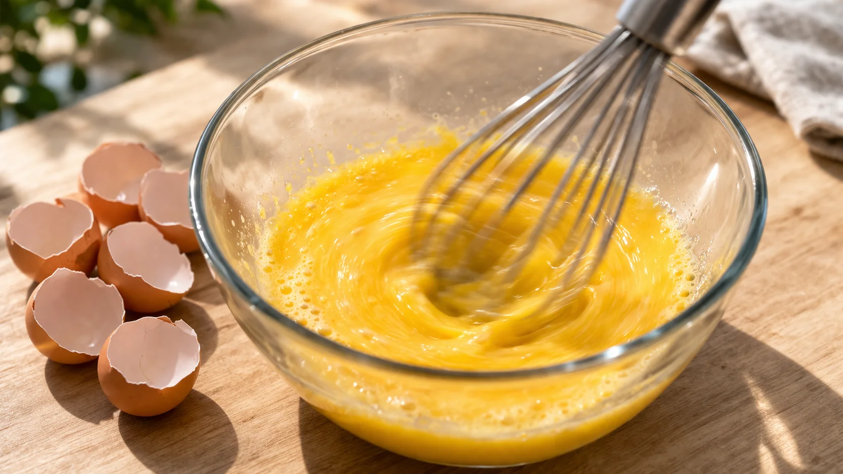 Fouet battant vigoureusement six œufs dans un bol en verre, mélange jaune homogène et légèrement mousseux, plan de travail en bois clair