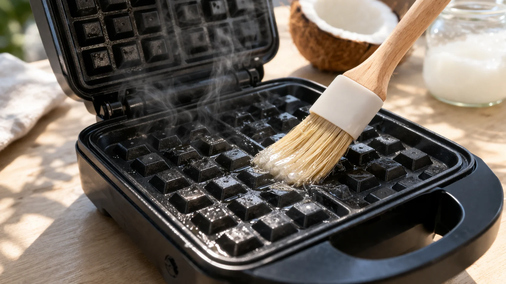 Pinceau de cuisine badigeonnant d'huile de coco les plaques chaudes d'un gaufrier ouvert, vapeur légère visible, plan de travail en bois clair