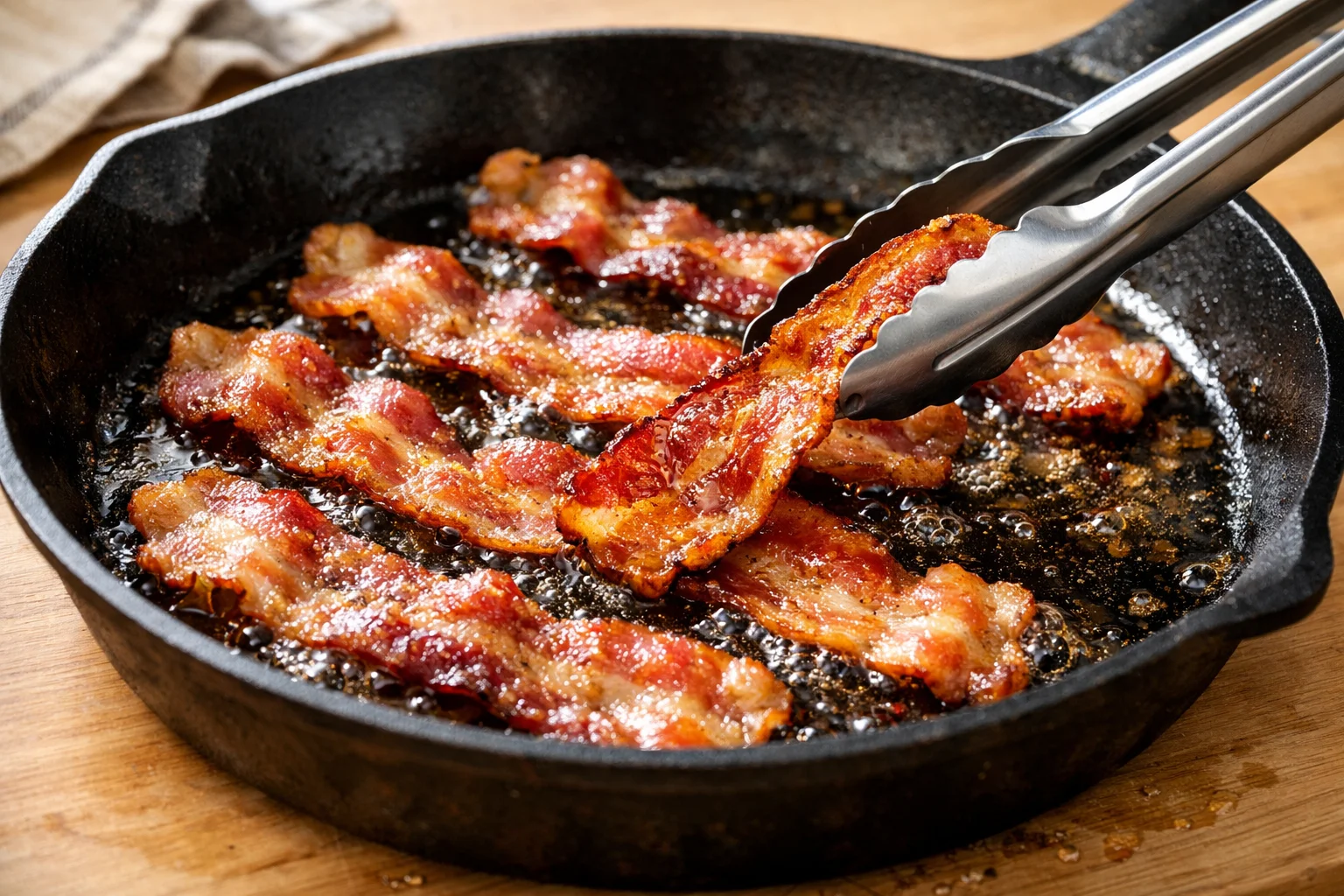 Tranches de bacon en train de dorer et croustiller dans une poêle, graisse dorée visible, pince de cuisine à côté, plan de travail en bois clair