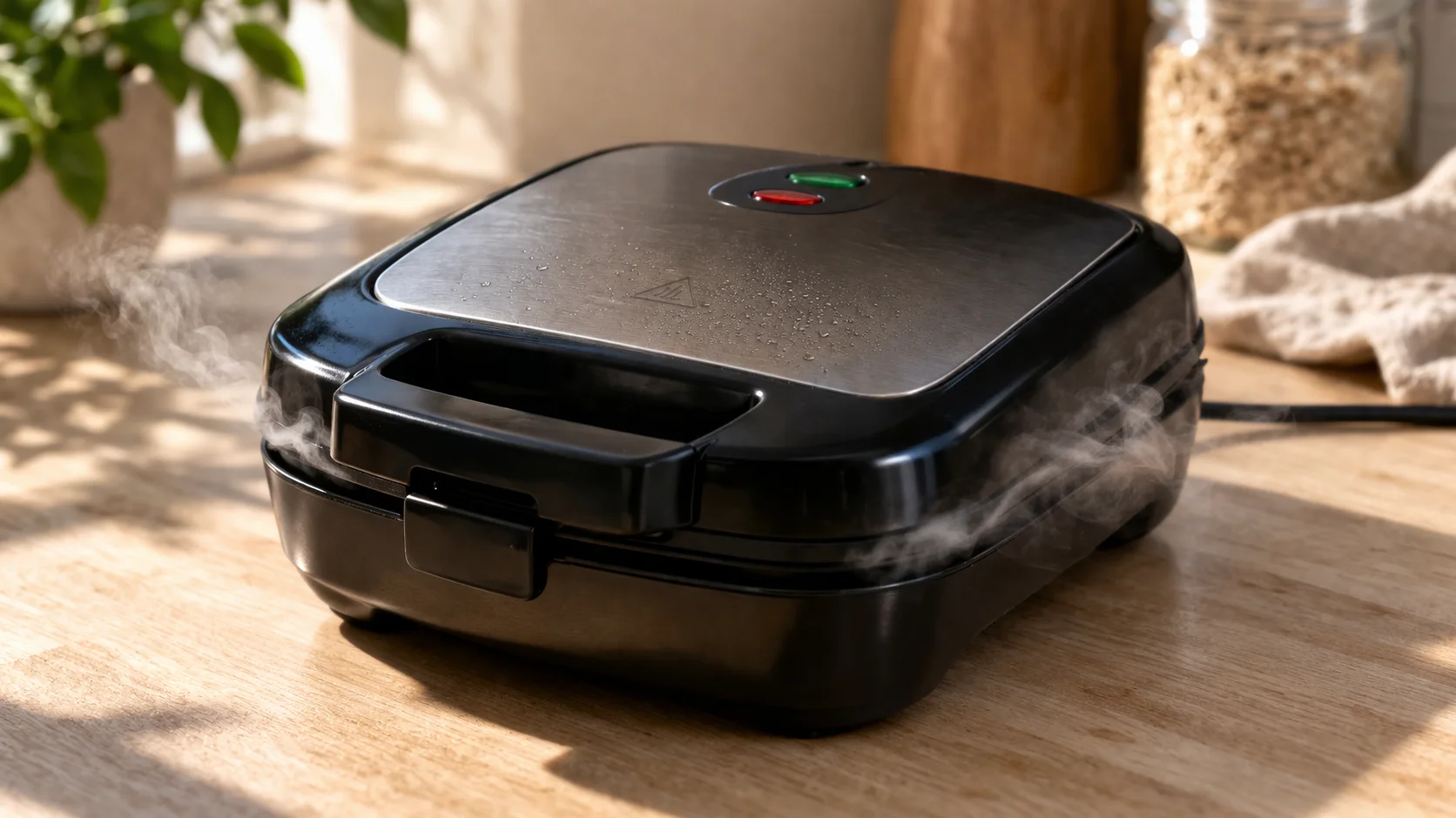Gaufrier bien chaud et fermé avec de la vapeur qui s'échappe légèrement, gaufres protéinées dorées en cours de cuisson, plan de travail en bois clair