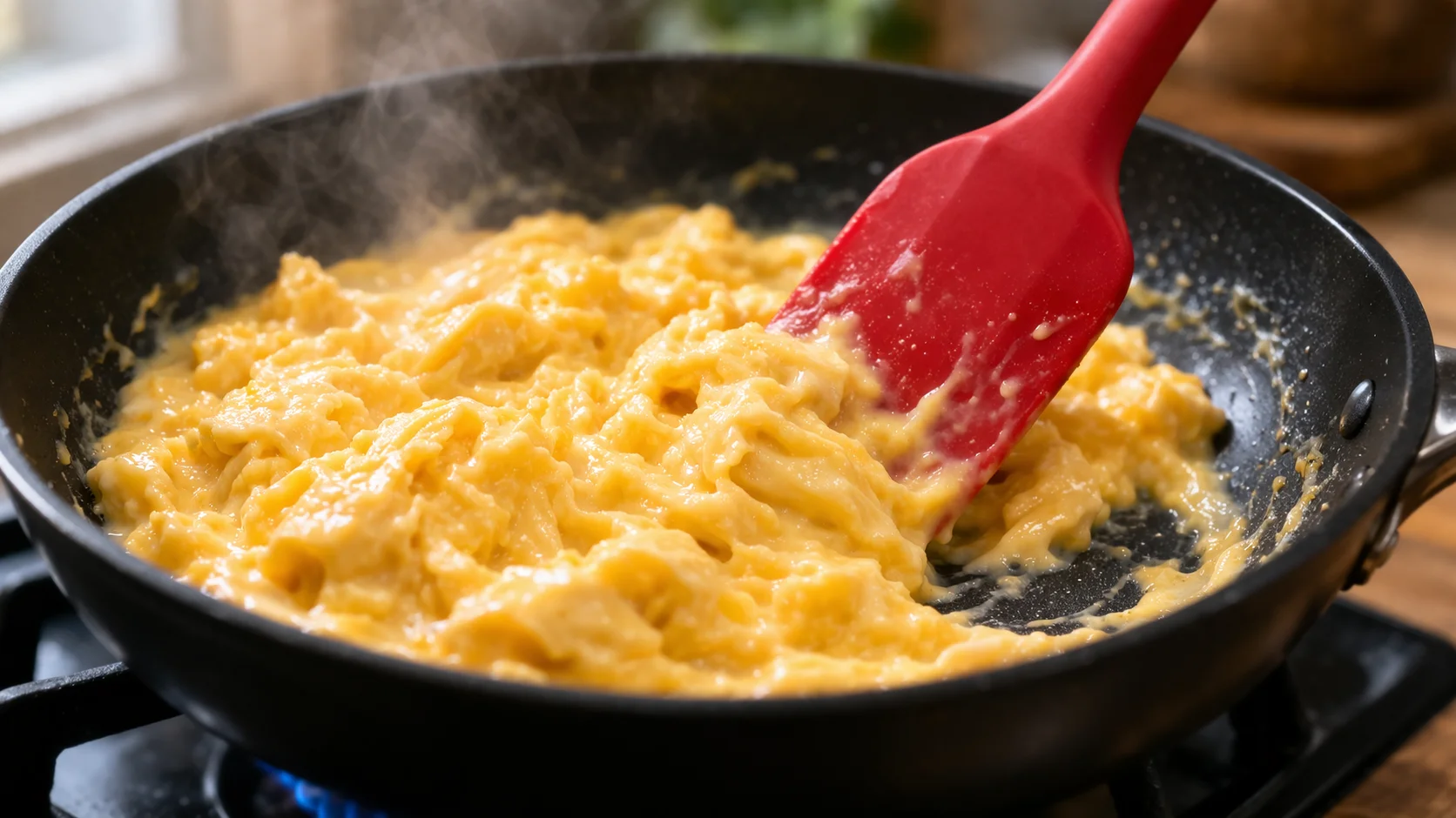Spatule en silicone rouge remuant des œufs brouillés en formation dans une poêle antiadhésive noire, gros flocons crémeux et dorés en cours de cuisson