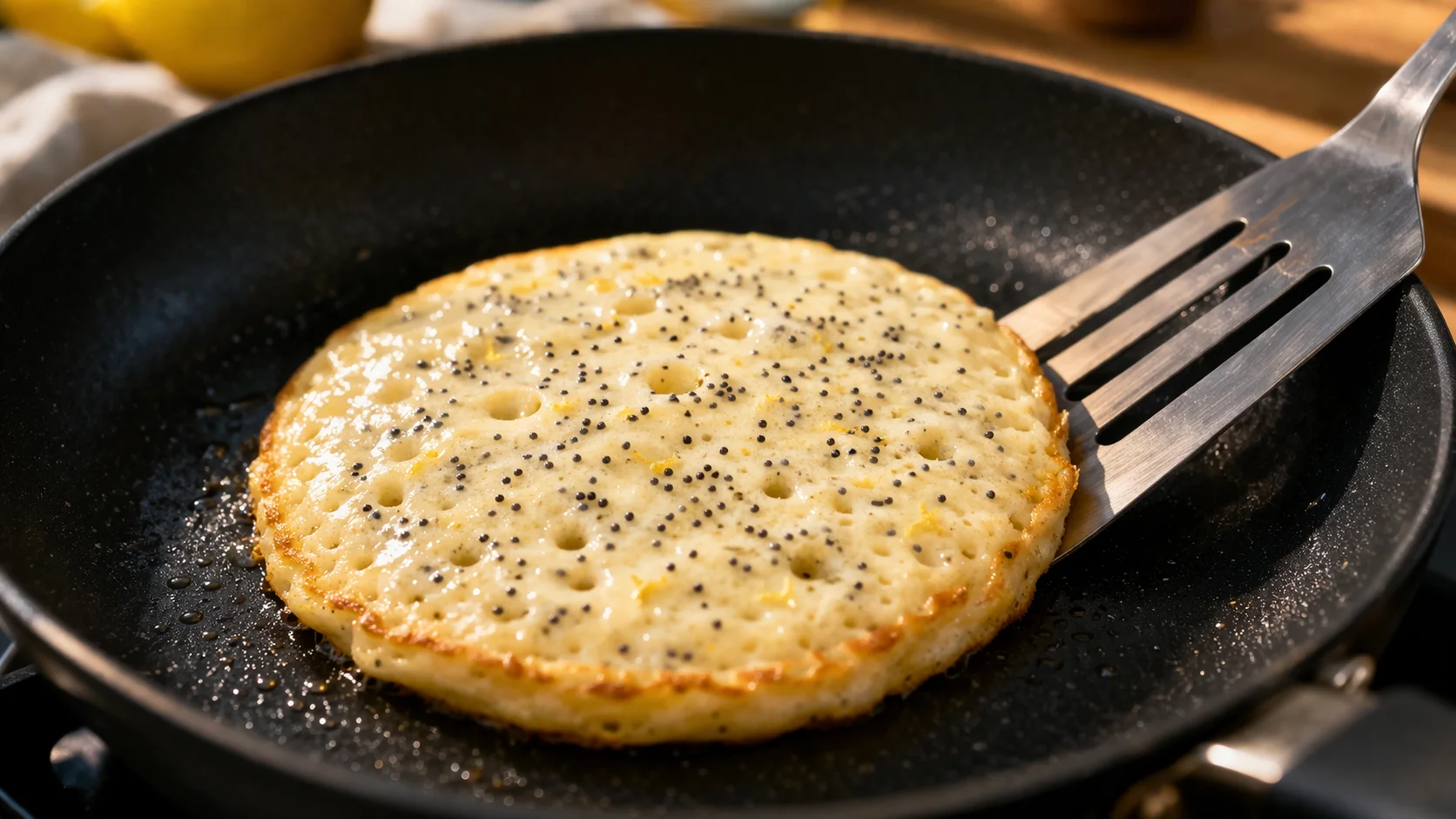Pancake citron-pavot en train de cuire dans une poêle antiadhésive, bulles visibles en surface, bords dorés, graines de pavot apparentes
