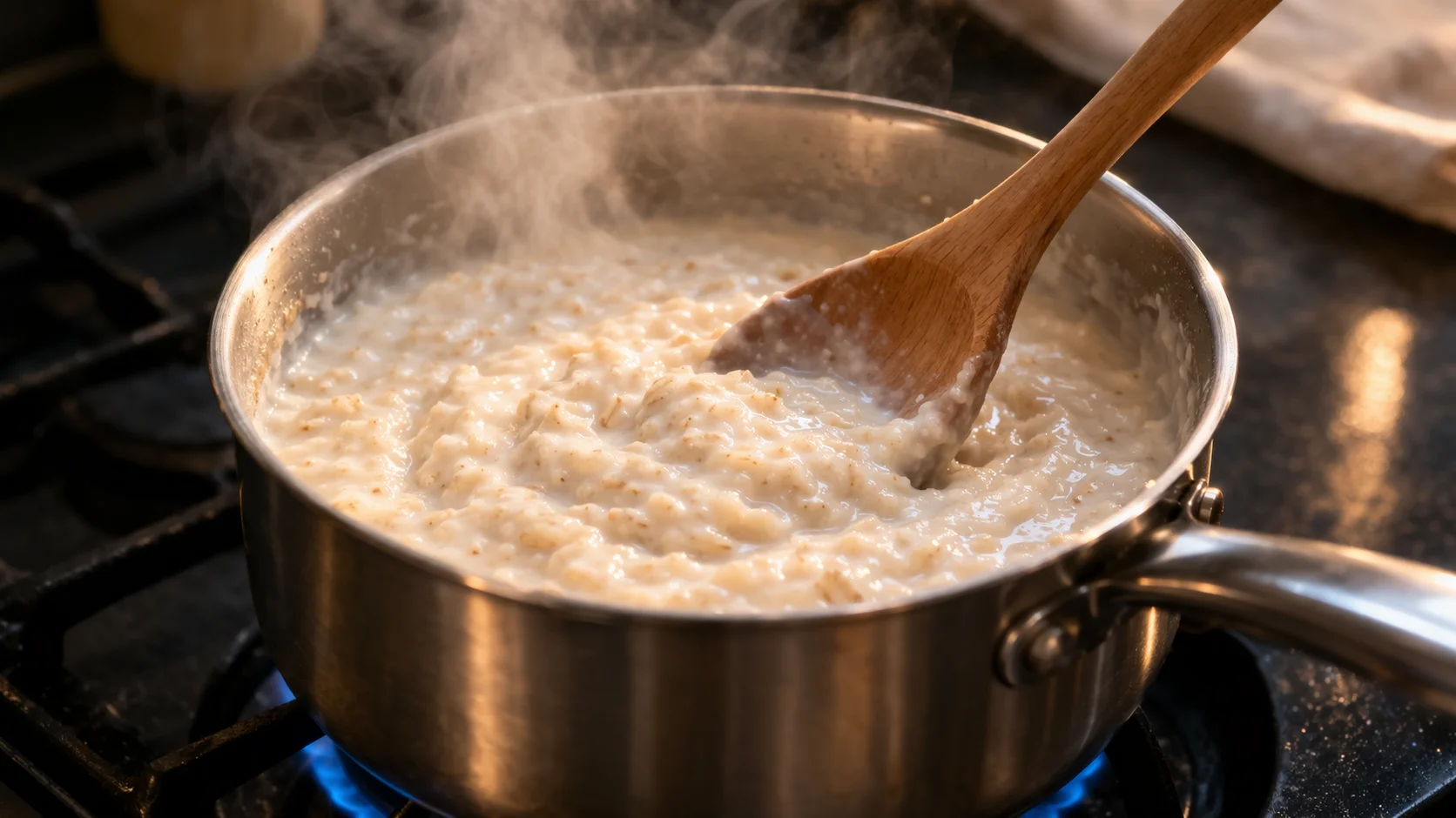 Porridge d'avoine crémeux en train de cuire dans une casserole, cuillère en bois remuant la texture épaisse et onctueuse, vapeur visible